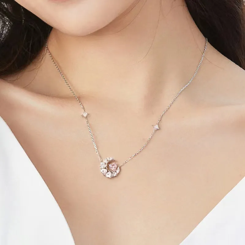 Dream Heart Moon Necklace copper heart pendant with moon and stars in pink diamond finish on cross chain