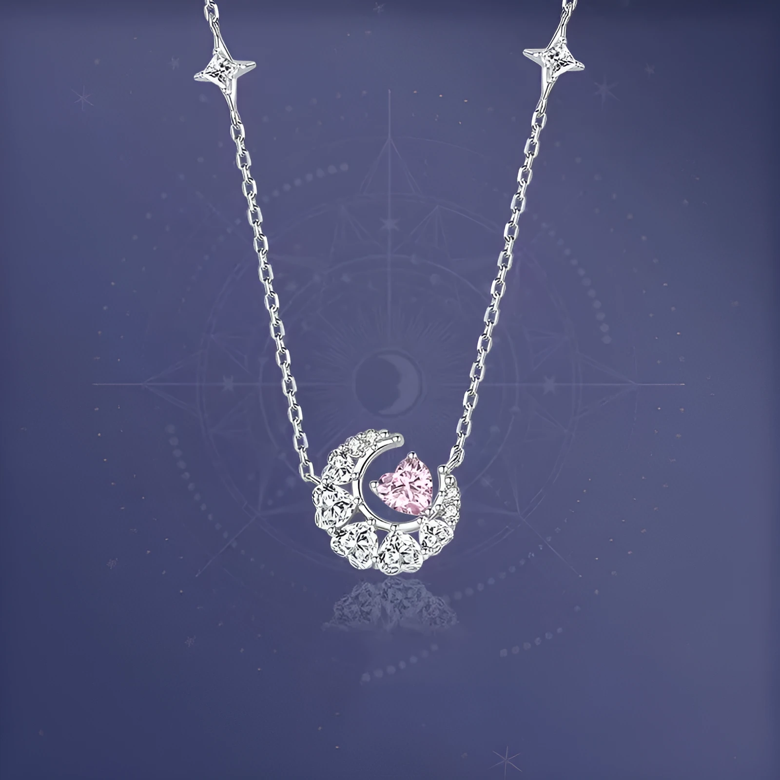 Dream Heart Moon Necklace copper heart pendant with moon and stars in pink diamond finish on cross chain