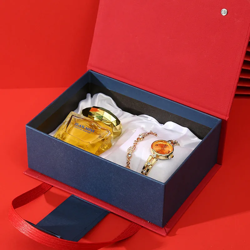 Gift set box containing watch, lipstick, perfume, and earrings in a red gift box with leather strap and metal case