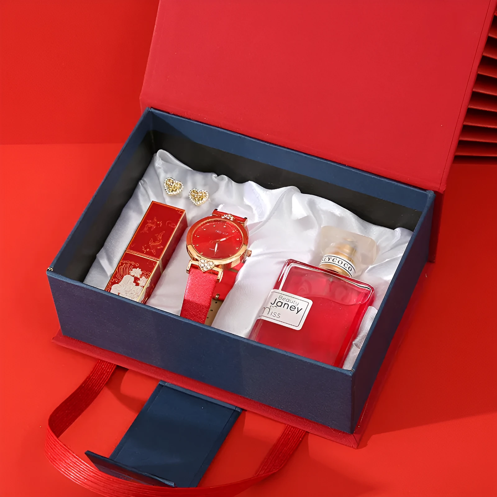 Gift set box containing watch, lipstick, perfume, and earrings in a red gift box with leather strap and metal case