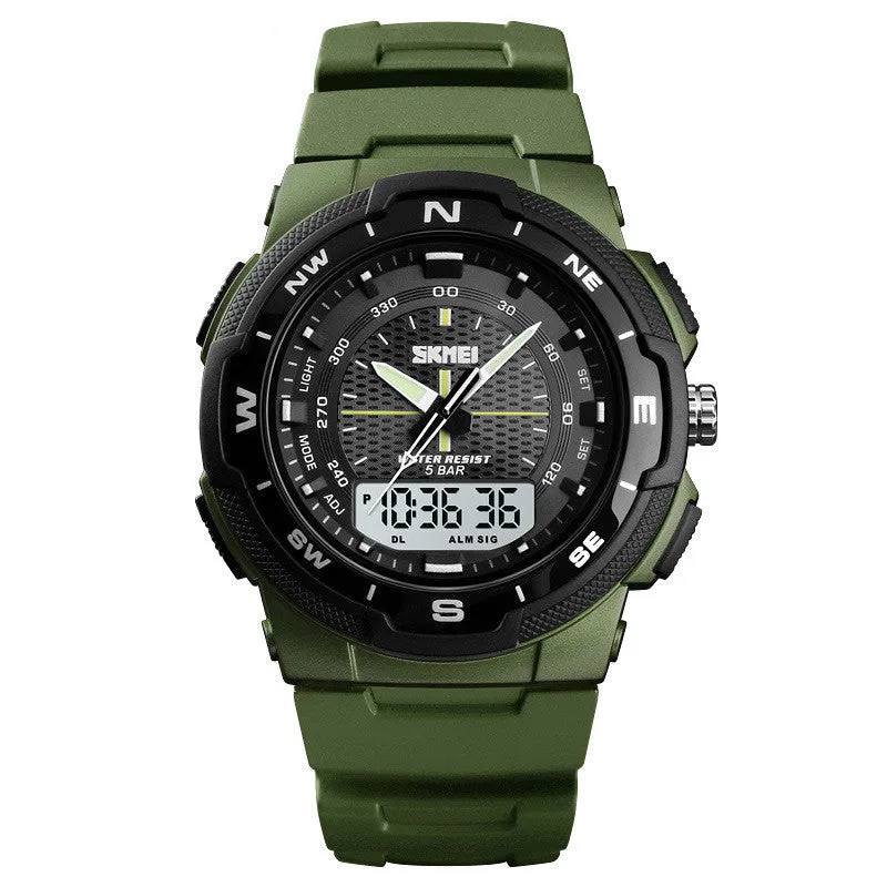 Men's electronic double display rubber watch with night light, week display, and alarm, round plastic case, stainless steel buckle