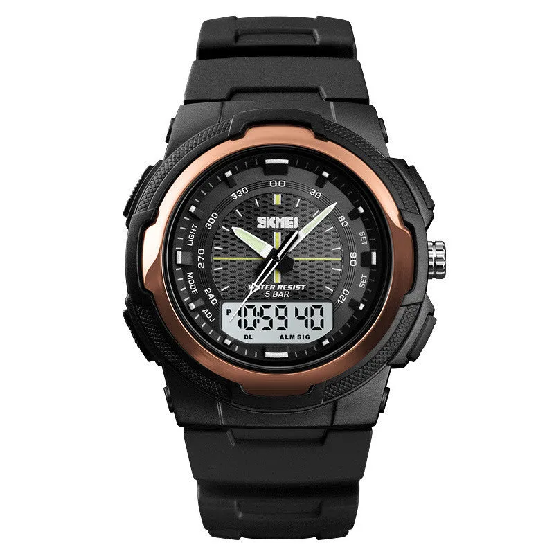 Men's electronic double display rubber watch with night light, week display, and alarm, round plastic case, stainless steel buckle