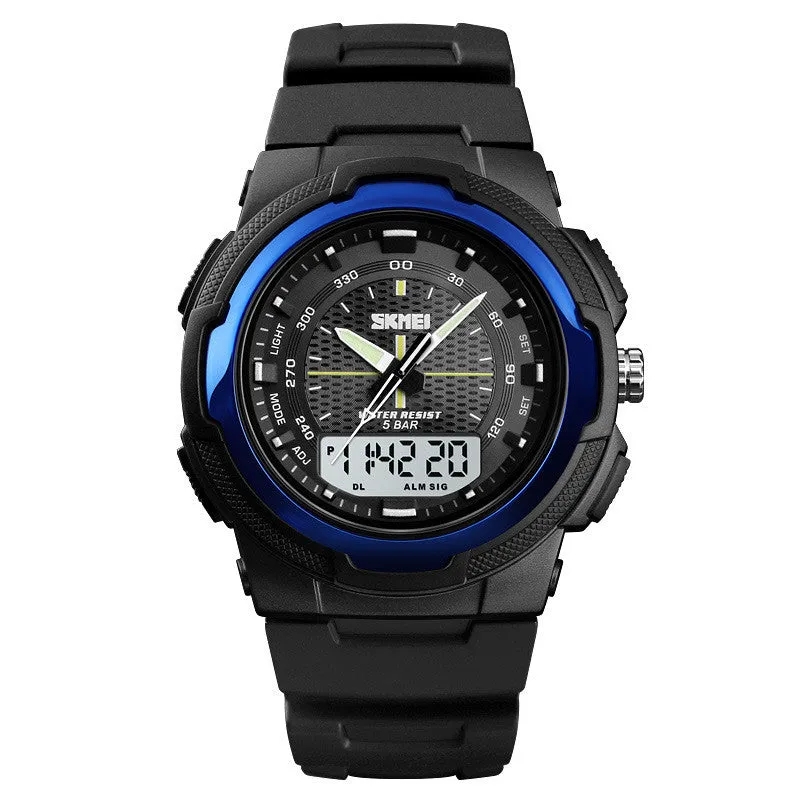 Men's electronic double display rubber watch with night light, week display, and alarm, round plastic case, stainless steel buckle