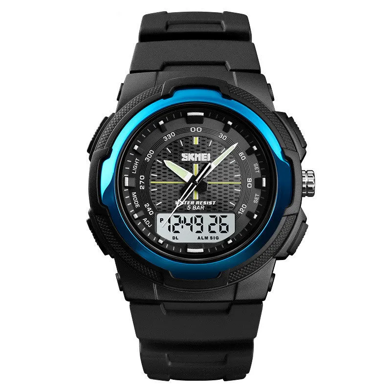 Men's electronic double display rubber watch with night light, week display, and alarm, round plastic case, stainless steel buckle
