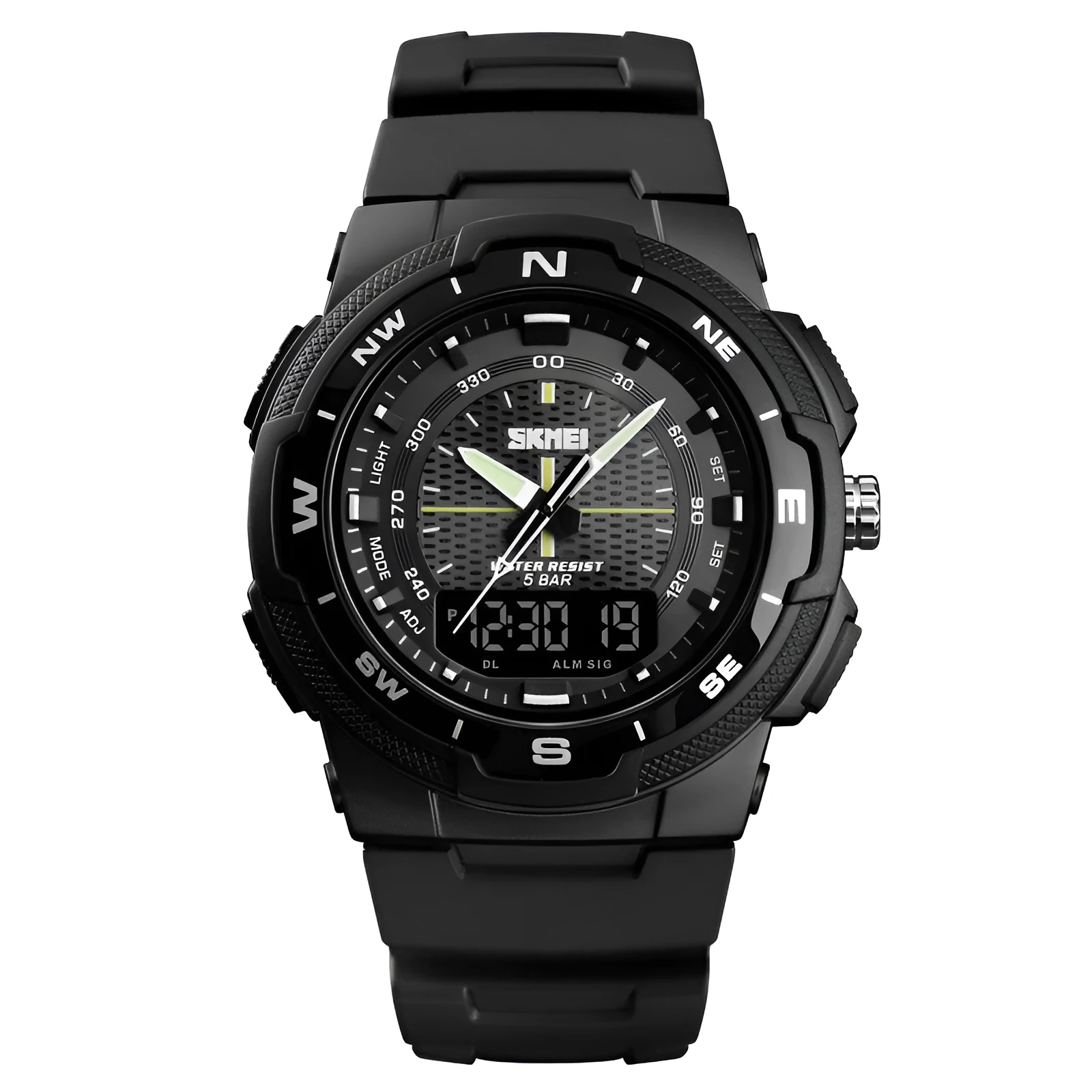 Men's electronic double display rubber watch with night light, week display, and alarm, round plastic case, stainless steel buckle