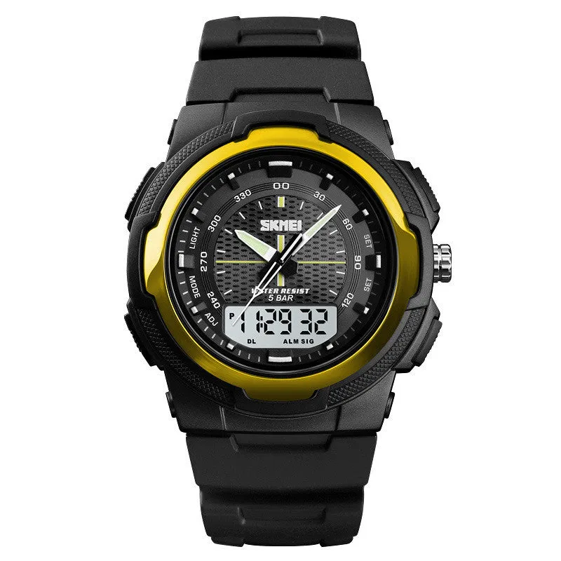 Men's electronic double display rubber watch with night light, week display, and alarm, round plastic case, stainless steel buckle