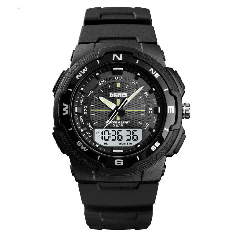 Men's electronic double display rubber watch with night light, week display, and alarm, round plastic case, stainless steel buckle