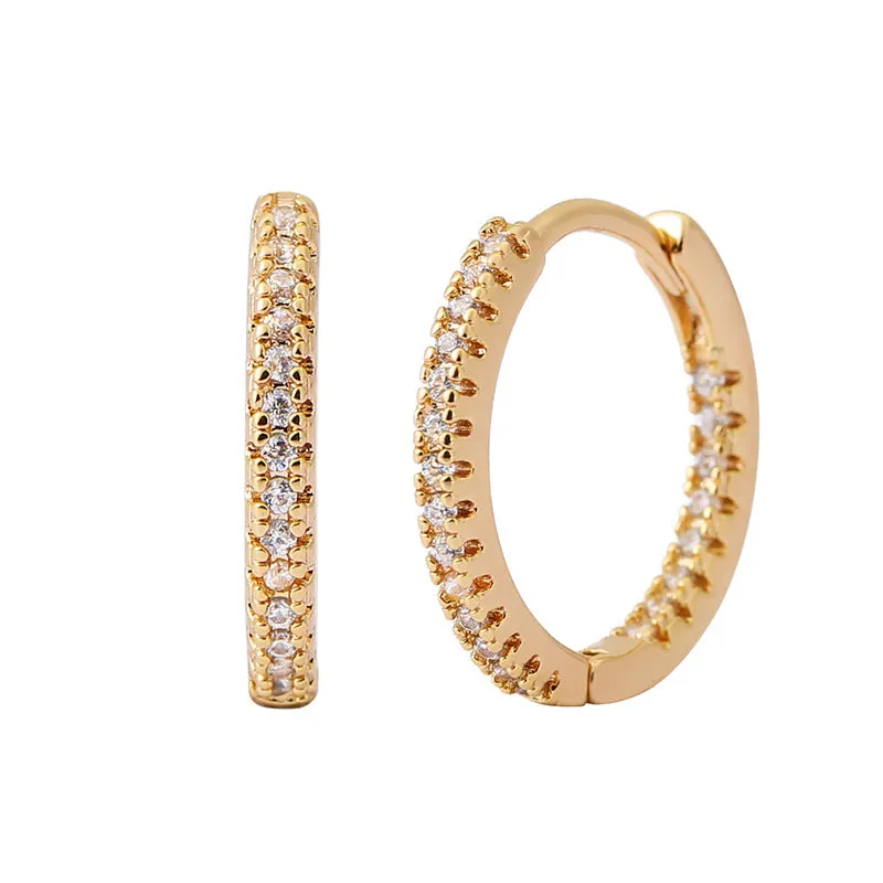Circle clip-on earrings with multicolour zircon stones, copper base with gold plating, geometric round shape