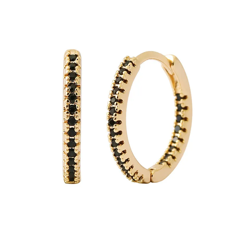 Circle clip-on earrings with multicolour zircon stones, copper base with gold plating, geometric round shape