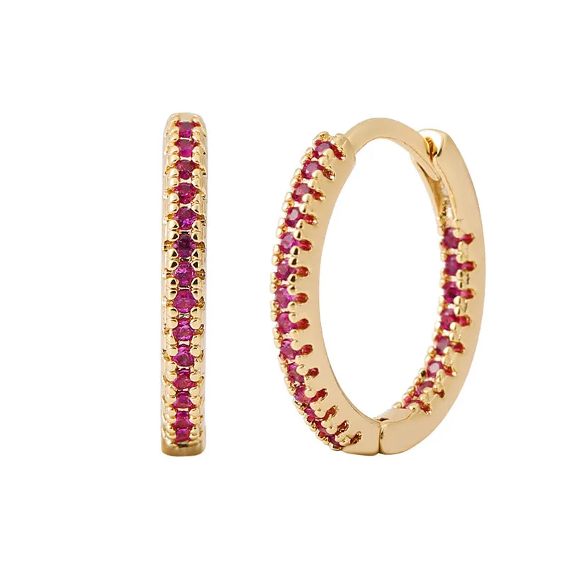 Circle clip-on earrings with multicolour zircon stones, copper base with gold plating, geometric round shape