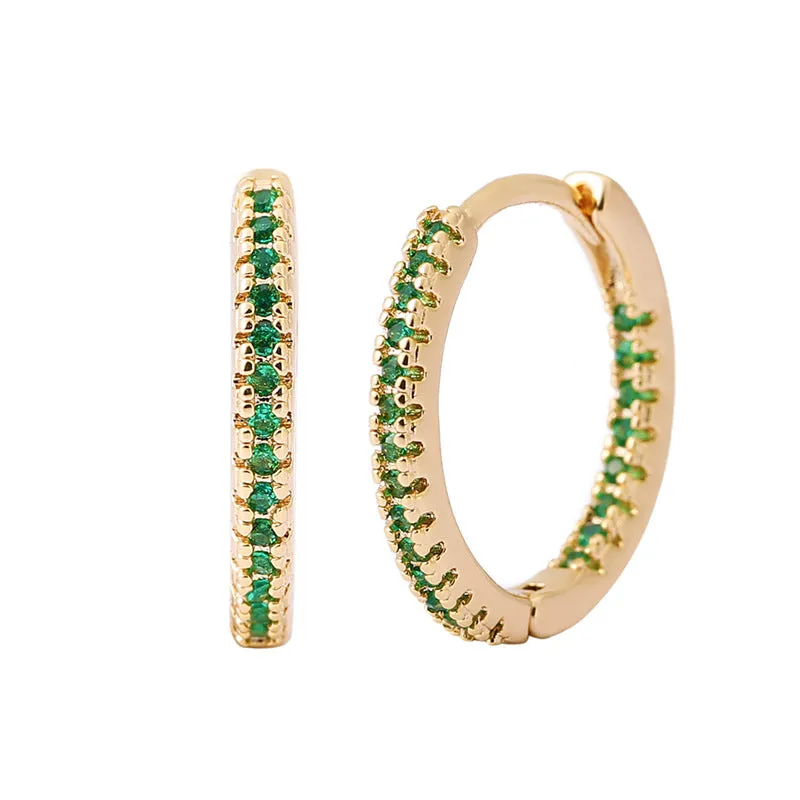Circle clip-on earrings with multicolour zircon stones, copper base with gold plating, geometric round shape