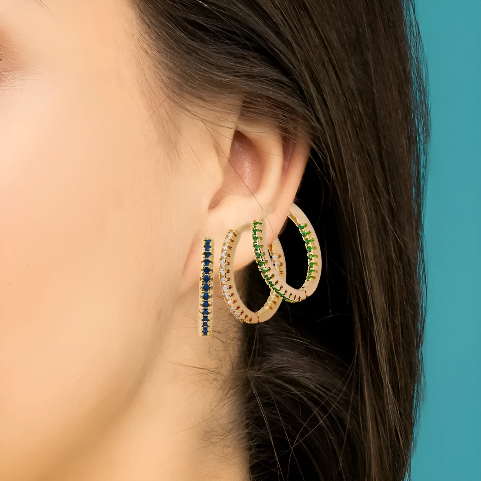Circle clip-on earrings with multicolour zircon stones, copper base with gold plating, geometric round shape