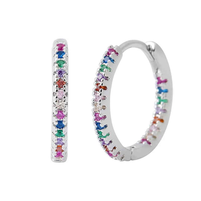 Circle clip-on earrings with multicolour zircon stones, copper base with gold plating, geometric round shape