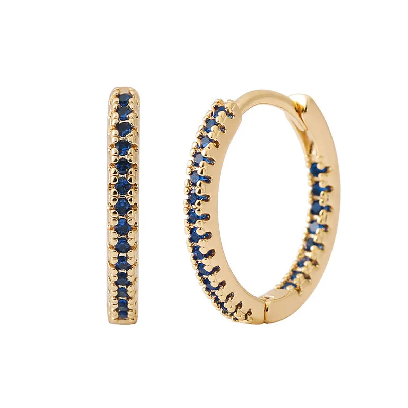 Circle clip-on earrings with multicolour zircon stones, copper base with gold plating, geometric round shape