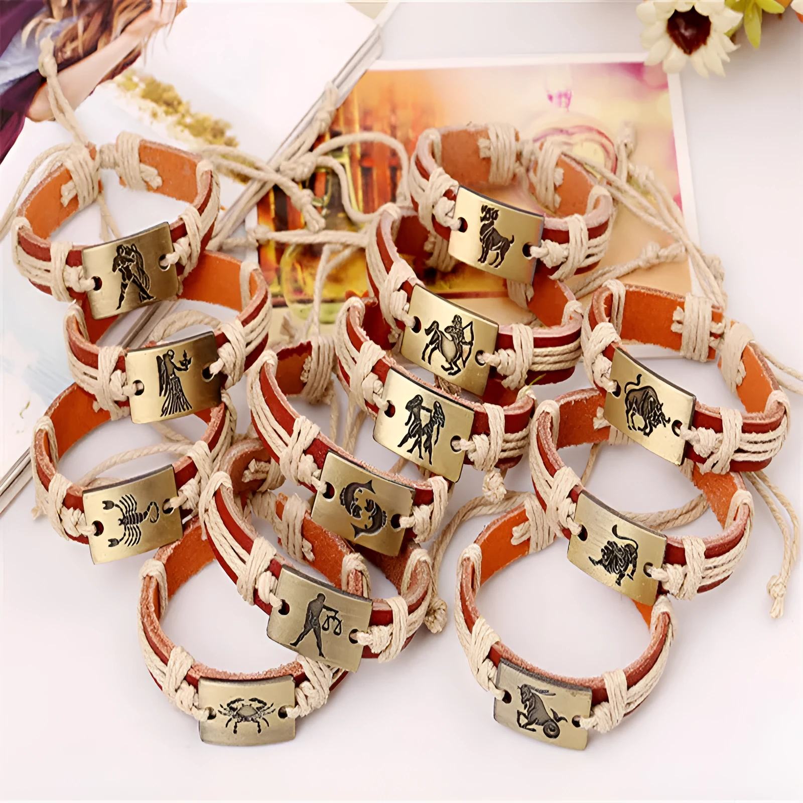 12 constellation alloy bracelet set with braided hemp rope and copper leather in vintage style, twelve colours
