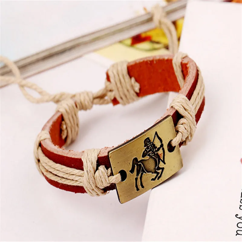 12 constellation alloy bracelet set with braided hemp rope and copper leather in vintage style, twelve colours