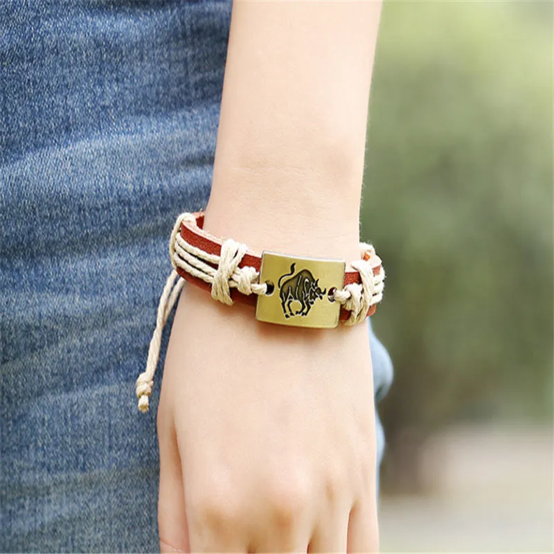 12 constellation alloy bracelet set with braided hemp rope and copper leather in vintage style, twelve colours