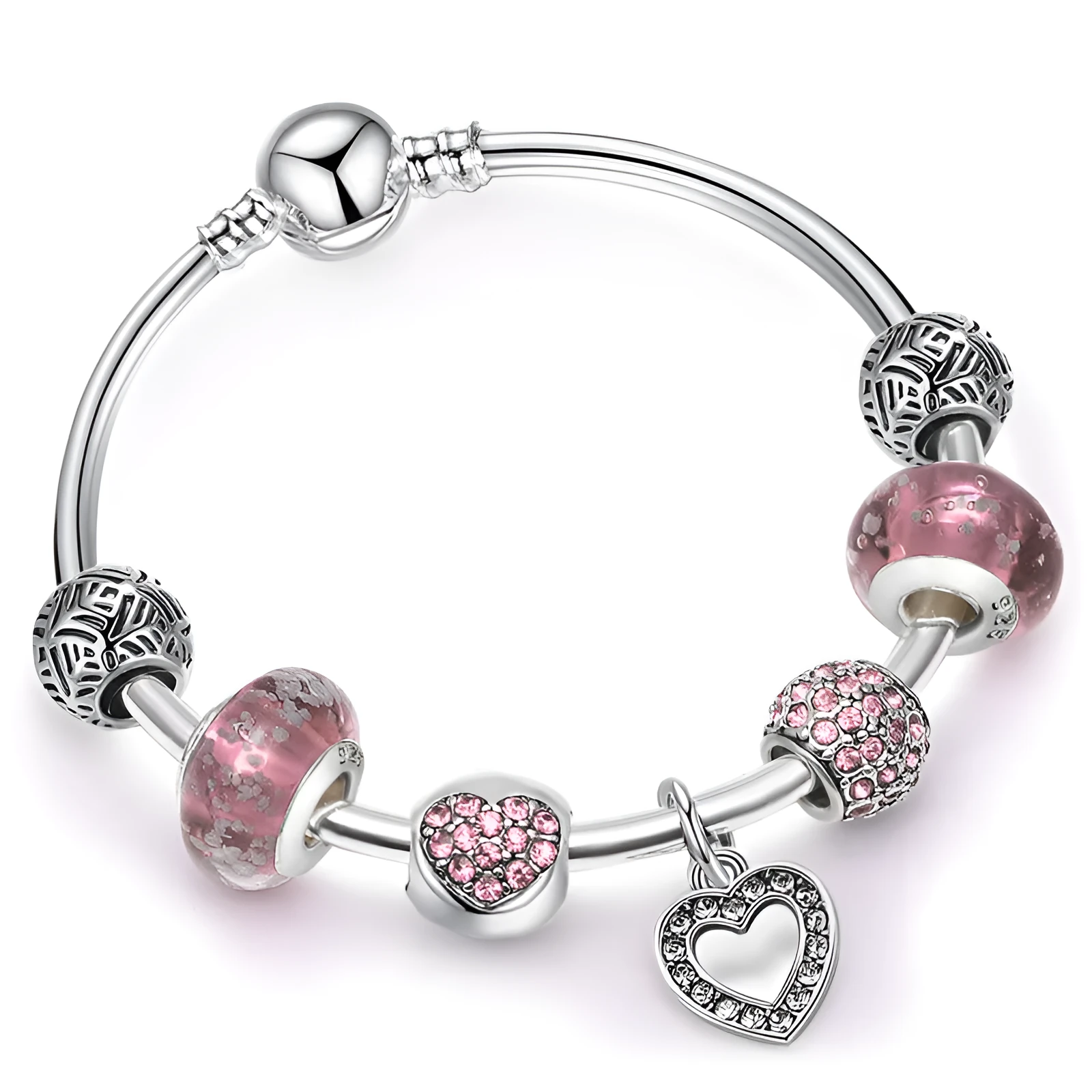 DIY beaded bracelet for women with love pendant in gold, rose gold, and silver colours on a light background
