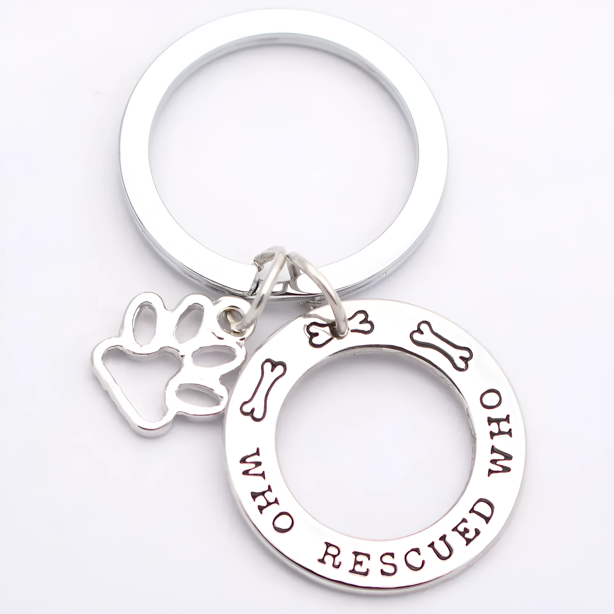 Who Rescued Who dog lover alloy keyring in white electroplated finish