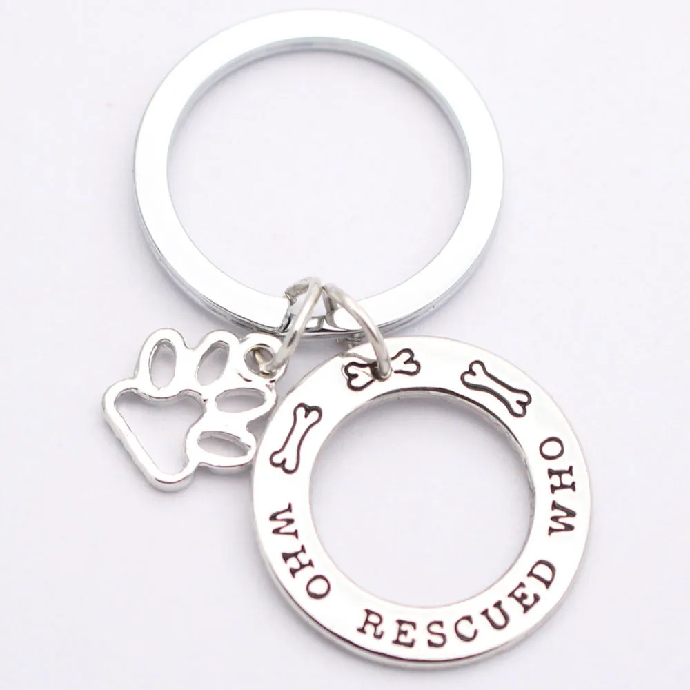 Who Rescued Who dog lover alloy keyring in white electroplated finish