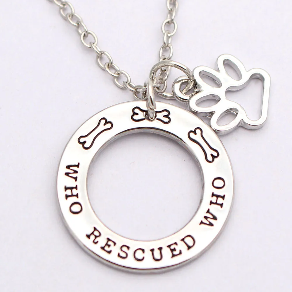 Who Rescued Who dog lover alloy keyring in white electroplated finish