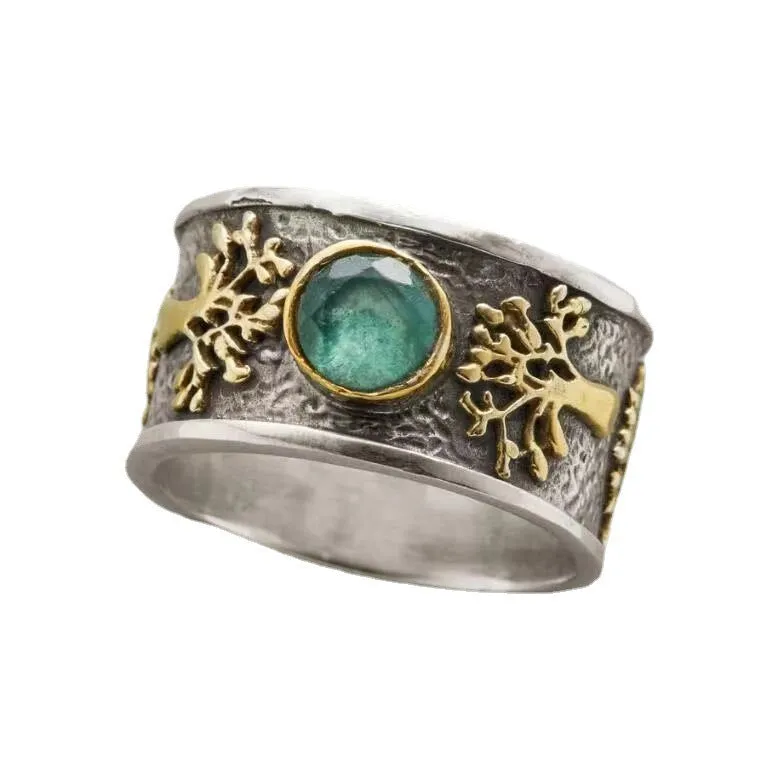 Light green vintage alloy ring with constellation modelling and geometric design featuring artificial gemstone inlays