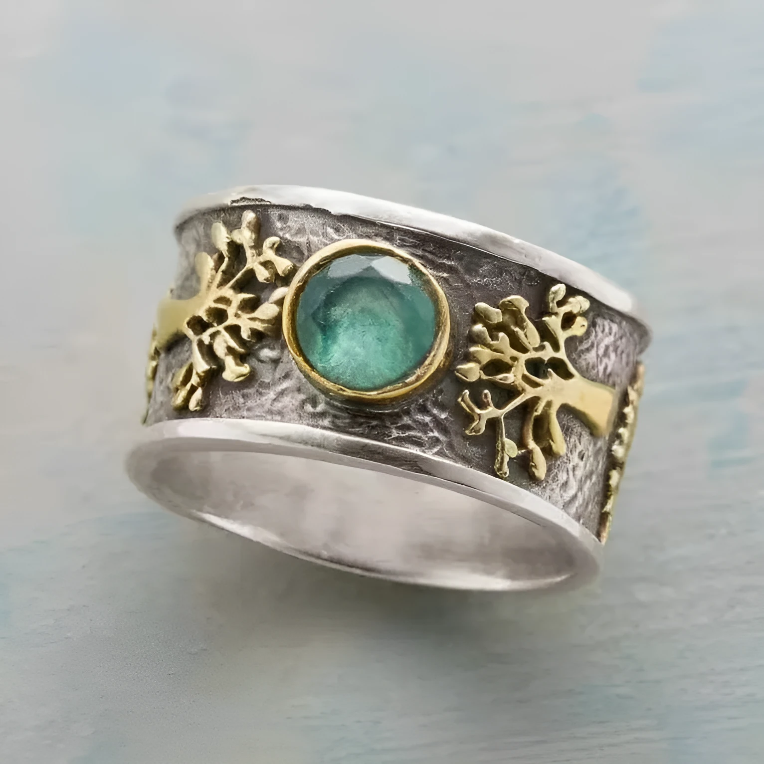 Light green vintage alloy ring with constellation modelling and geometric design featuring artificial gemstone inlays