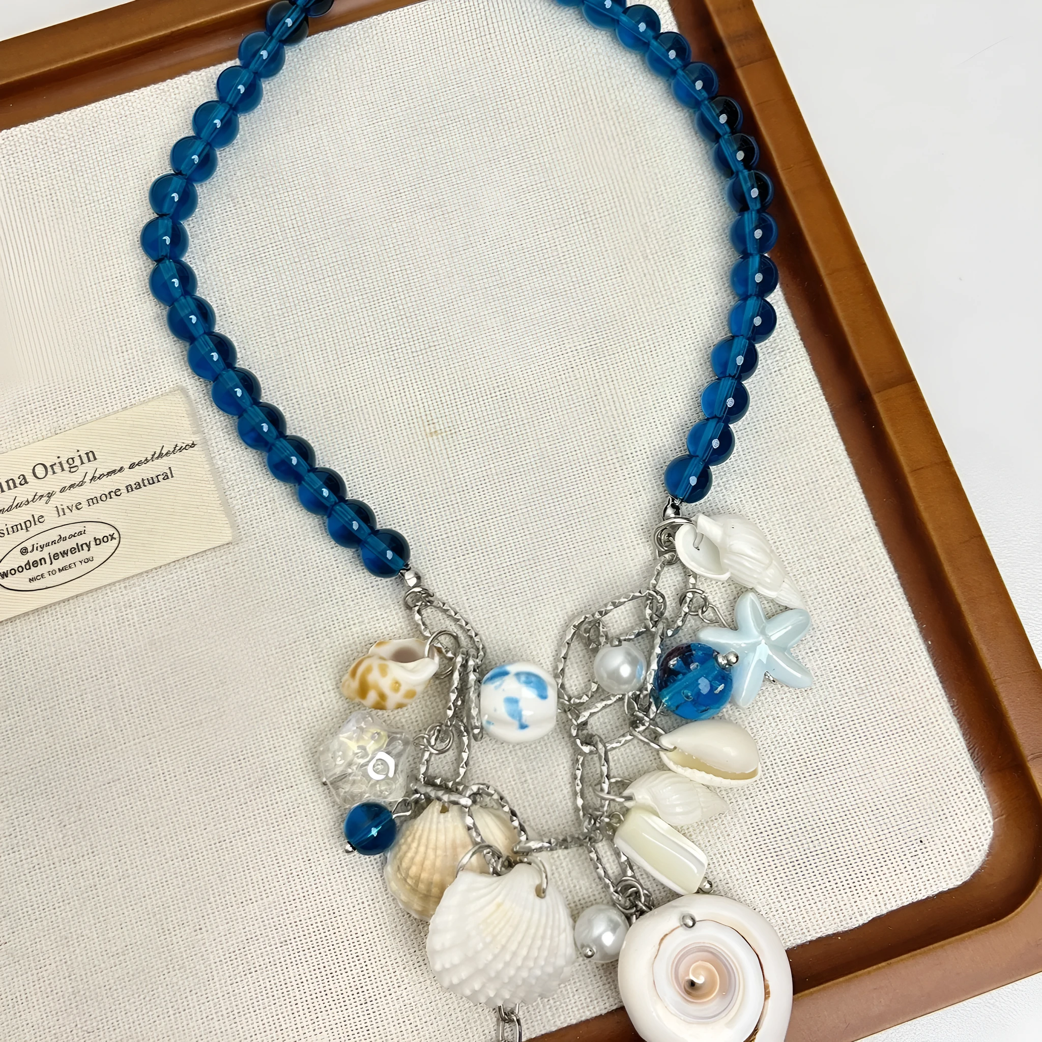 Shell starfish multi-element beaded necklace on woman clavicle chain alloy glass beads seashell 41cm