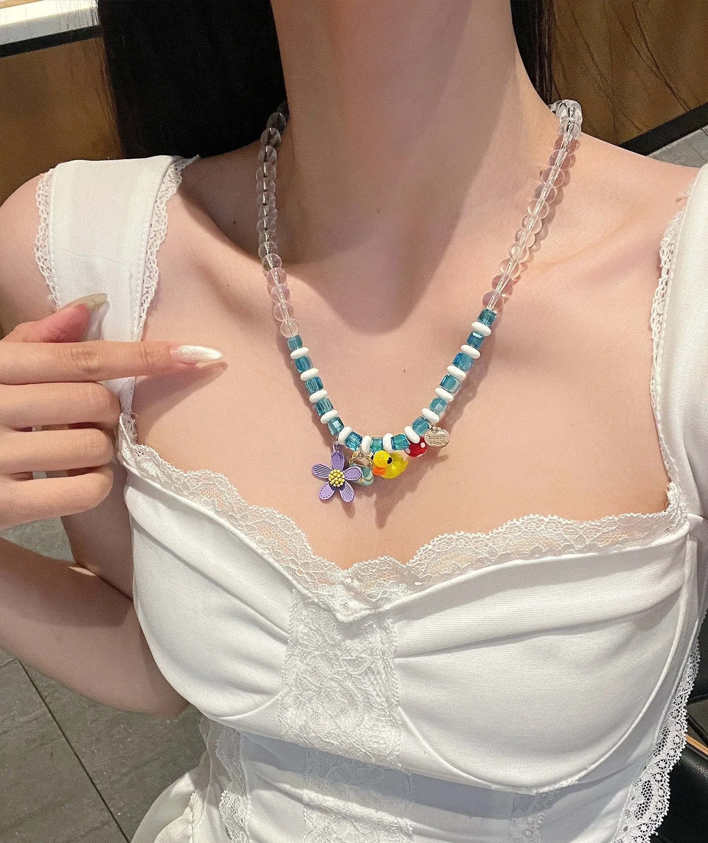 Shell starfish multi-element beaded necklace on woman clavicle chain alloy glass beads seashell 41cm