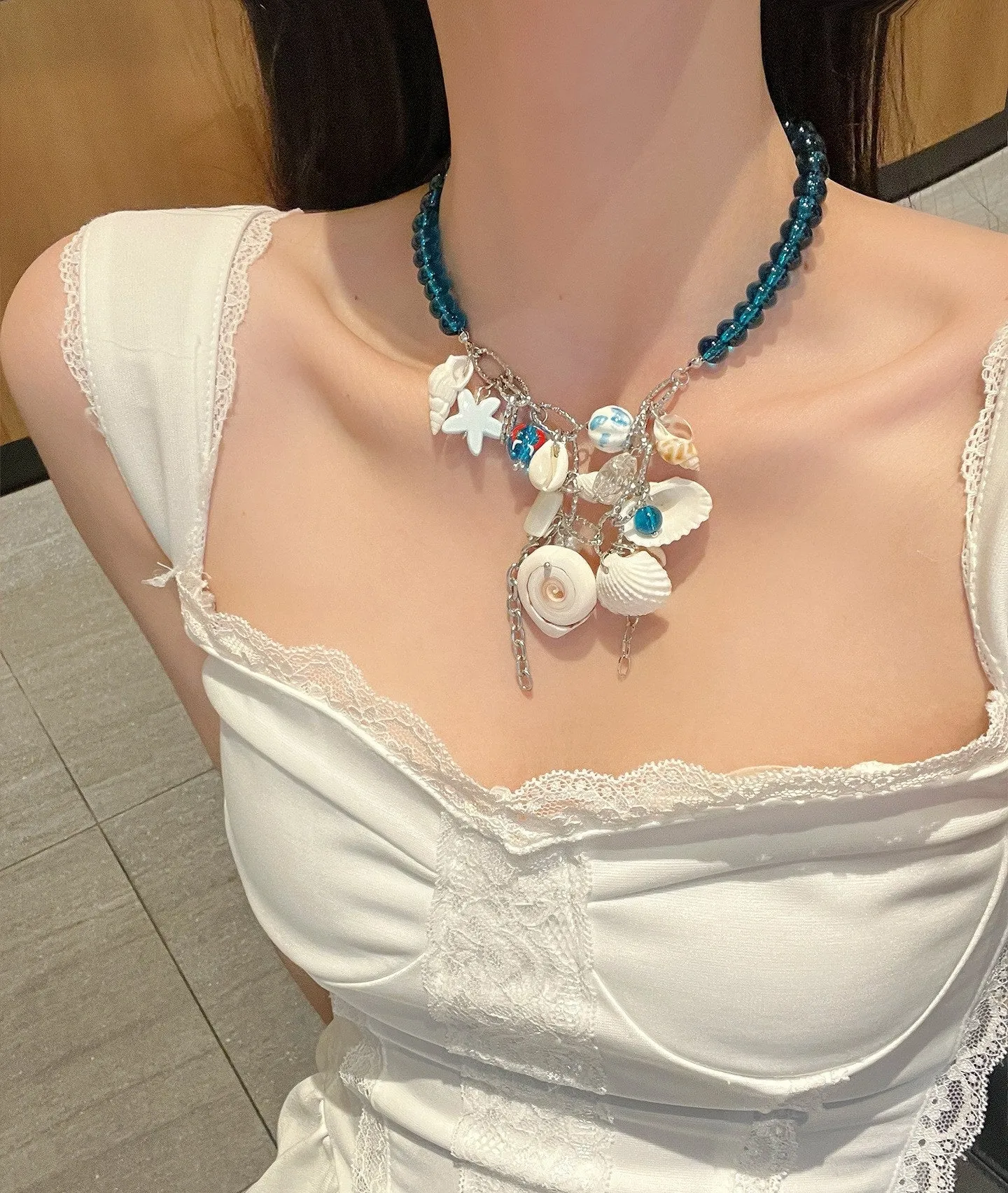 Shell starfish multi-element beaded necklace on woman clavicle chain alloy glass beads seashell 41cm
