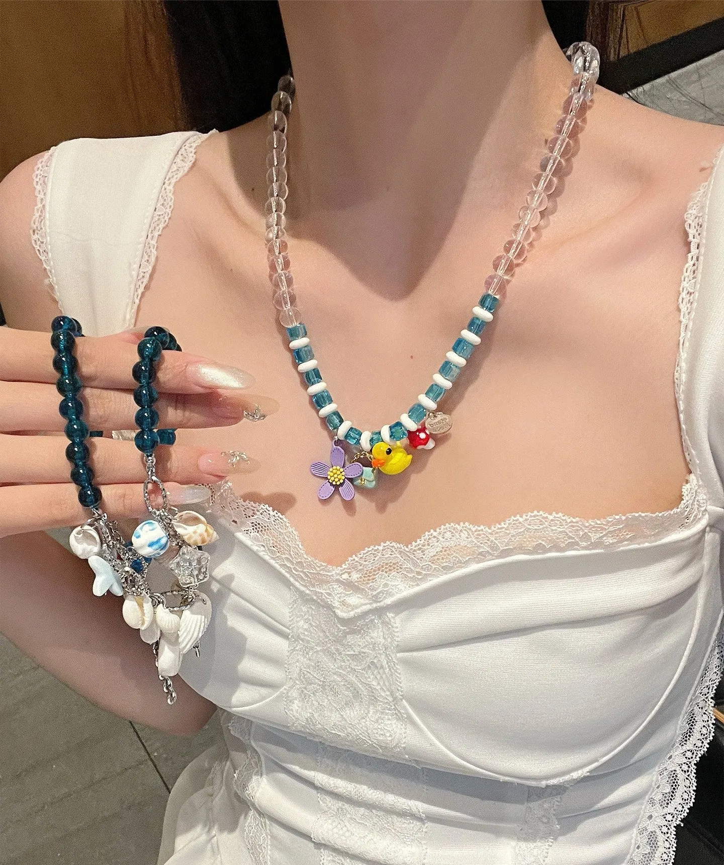 Shell starfish multi-element beaded necklace on woman clavicle chain alloy glass beads seashell 41cm