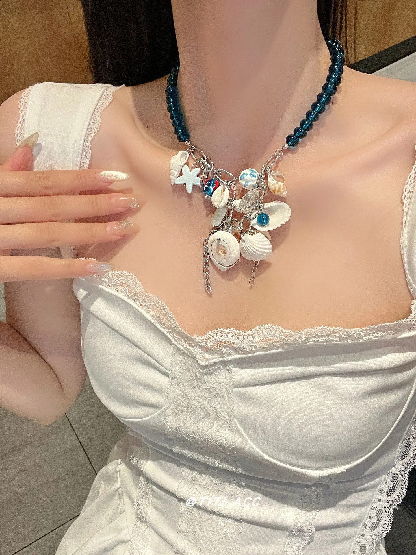 Shell starfish multi-element beaded necklace on woman clavicle chain alloy glass beads seashell 41cm