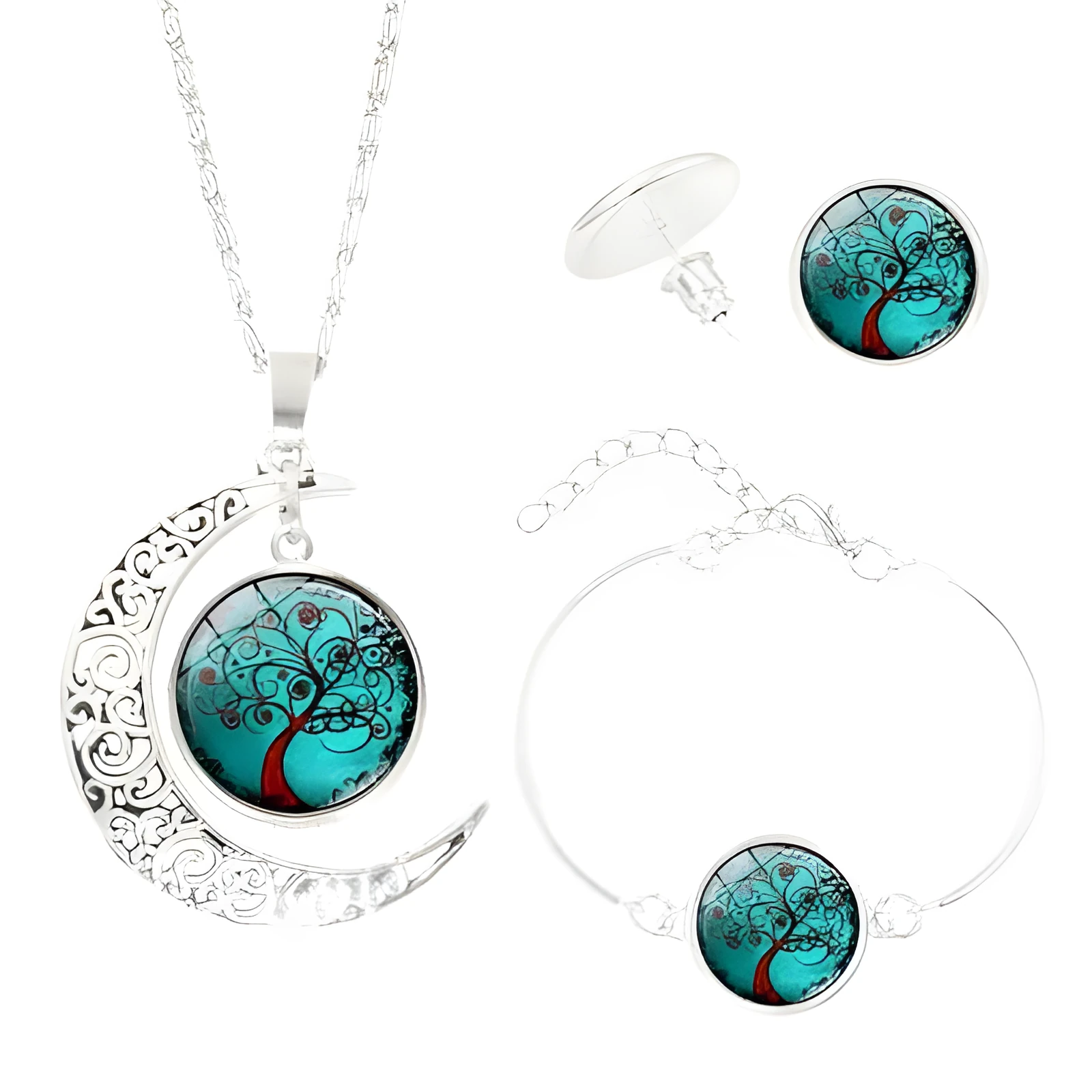 Tree of Life jewellery set with alloy and glass gem pendants: necklace, earrings, and bracelet on display