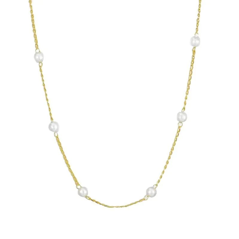 Gold pearl pendant necklace on ball bead chain 41-50cm copper geometric design