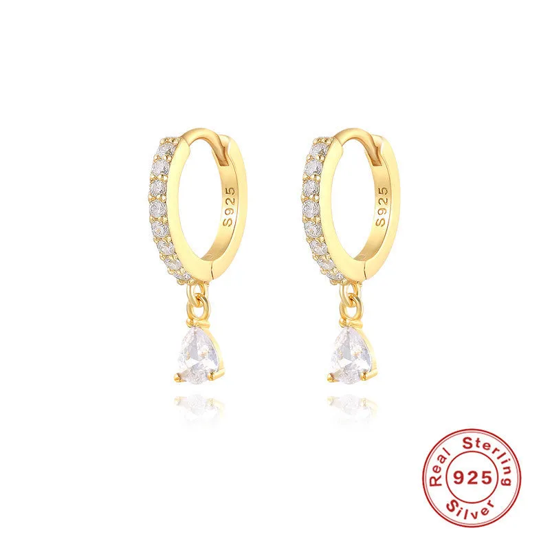 Geometric water drop sterling silver earring with a choice of gold or silver plating and decorative stone centre.