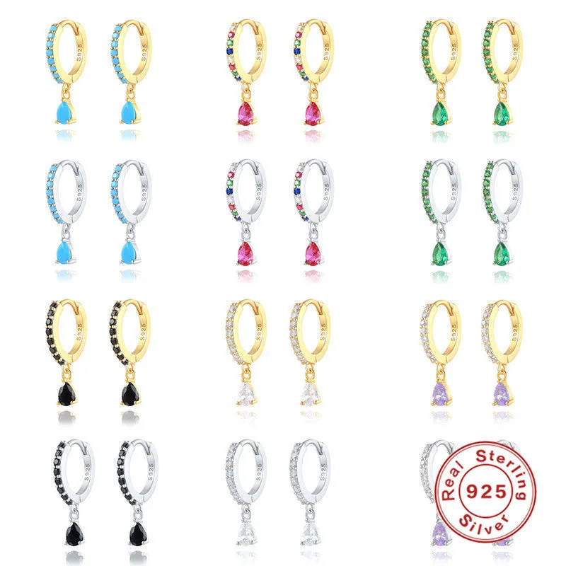 Geometric water drop sterling silver earring with a choice of gold or silver plating and decorative stone centre.