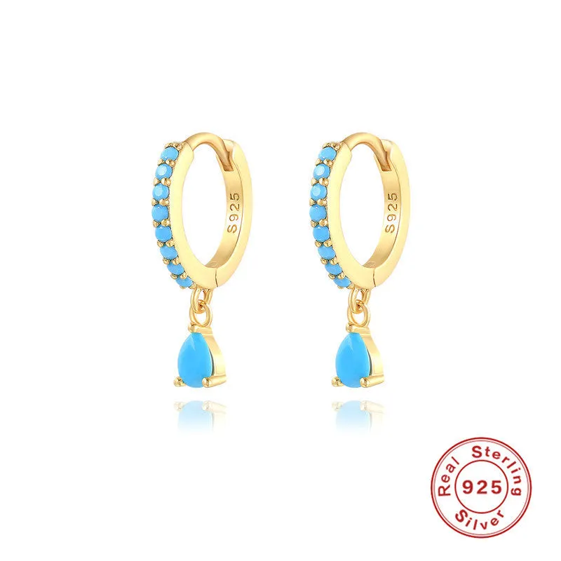 Geometric water drop sterling silver earring with a choice of gold or silver plating and decorative stone centre.