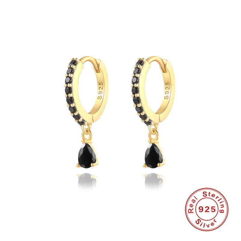 Geometric water drop sterling silver earring with a choice of gold or silver plating and decorative stone centre.
