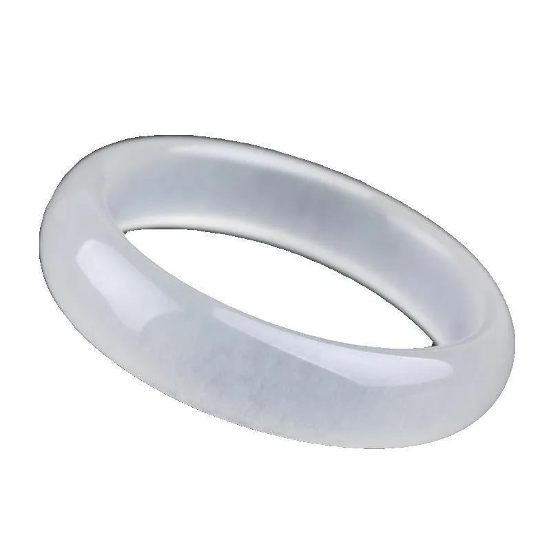 Gao bing jade bracelet in ice-white with flat rod and round rod style options on a wrist
