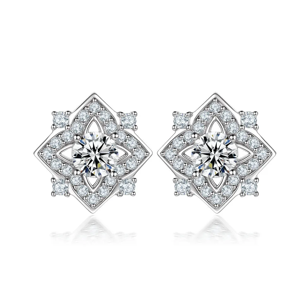 925 sterling silver geometric zircon earrings with white gold finish, star and snowflake motifs, 4mm main stone
