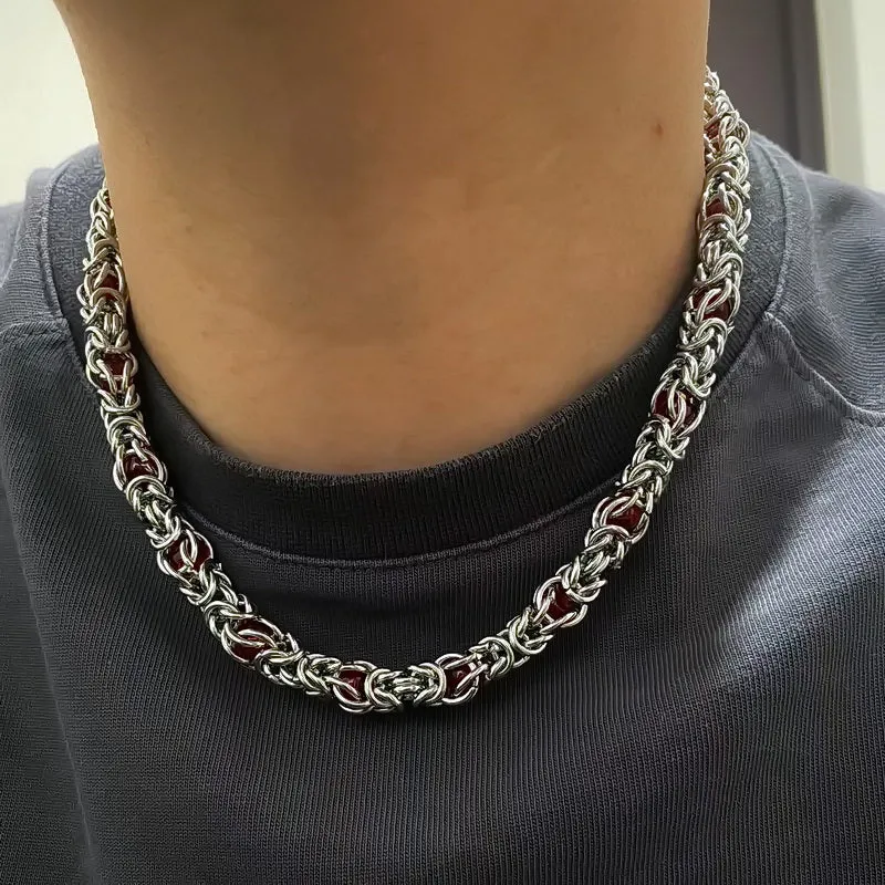 Men's titanium steel splice necklace with blue sapphire stone, adjustable chain 21-50cm