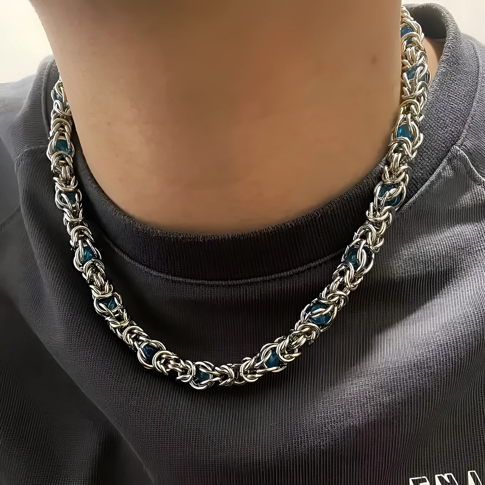 Men's titanium steel splice necklace with blue sapphire stone, adjustable chain 21-50cm