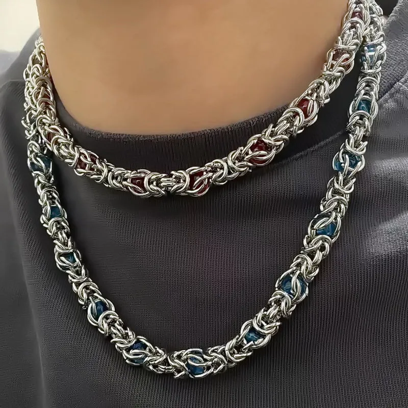 Men's titanium steel splice necklace with blue sapphire stone, adjustable chain 21-50cm