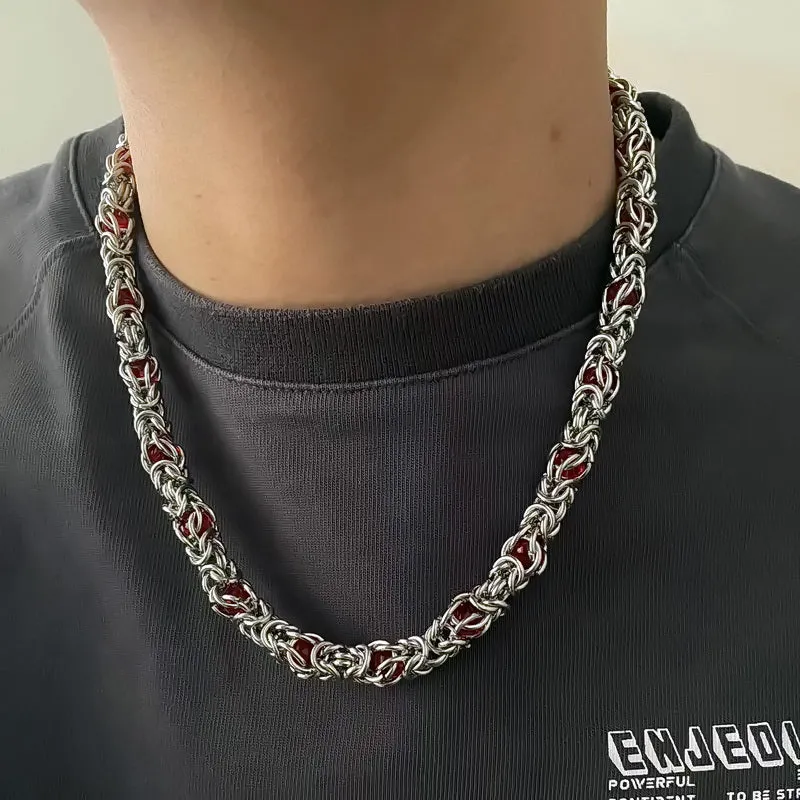 Men's titanium steel splice necklace with blue sapphire stone, adjustable chain 21-50cm