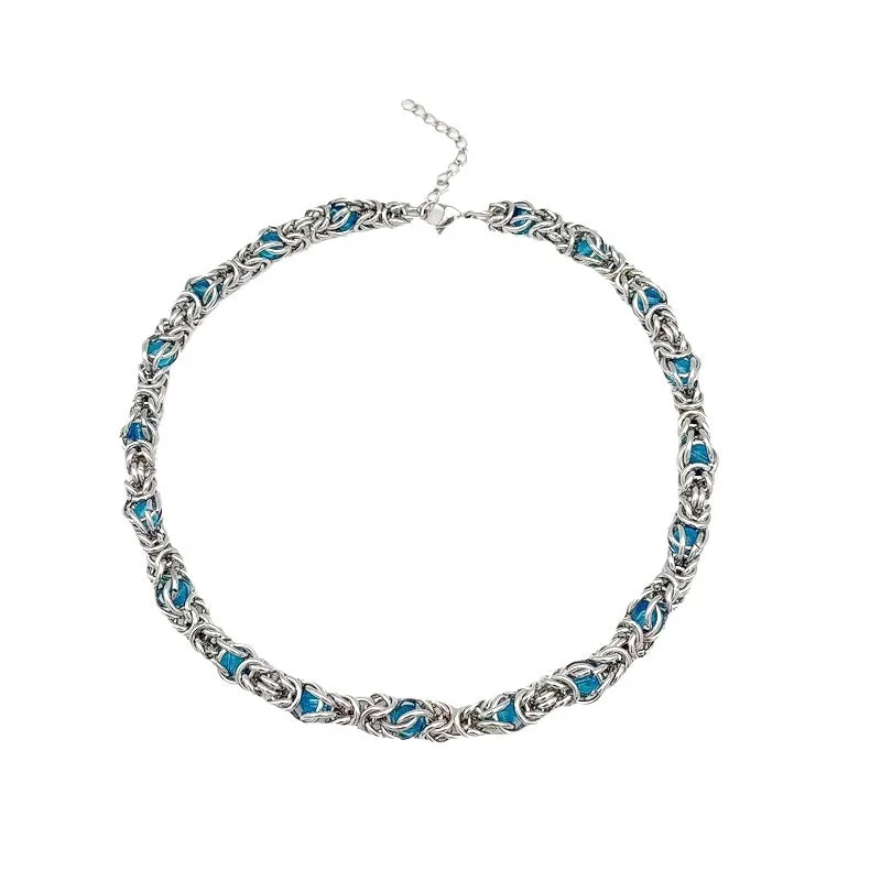 Men's titanium steel splice necklace with blue sapphire stone, adjustable chain 21-50cm