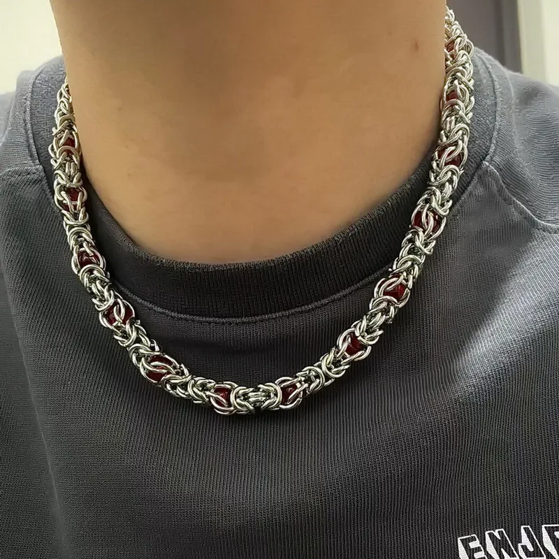 Men's titanium steel splice necklace with blue sapphire stone, adjustable chain 21-50cm