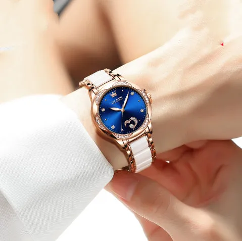 Olevs ladies luminous ceramic watch with rose shell dial, 12mm thickness