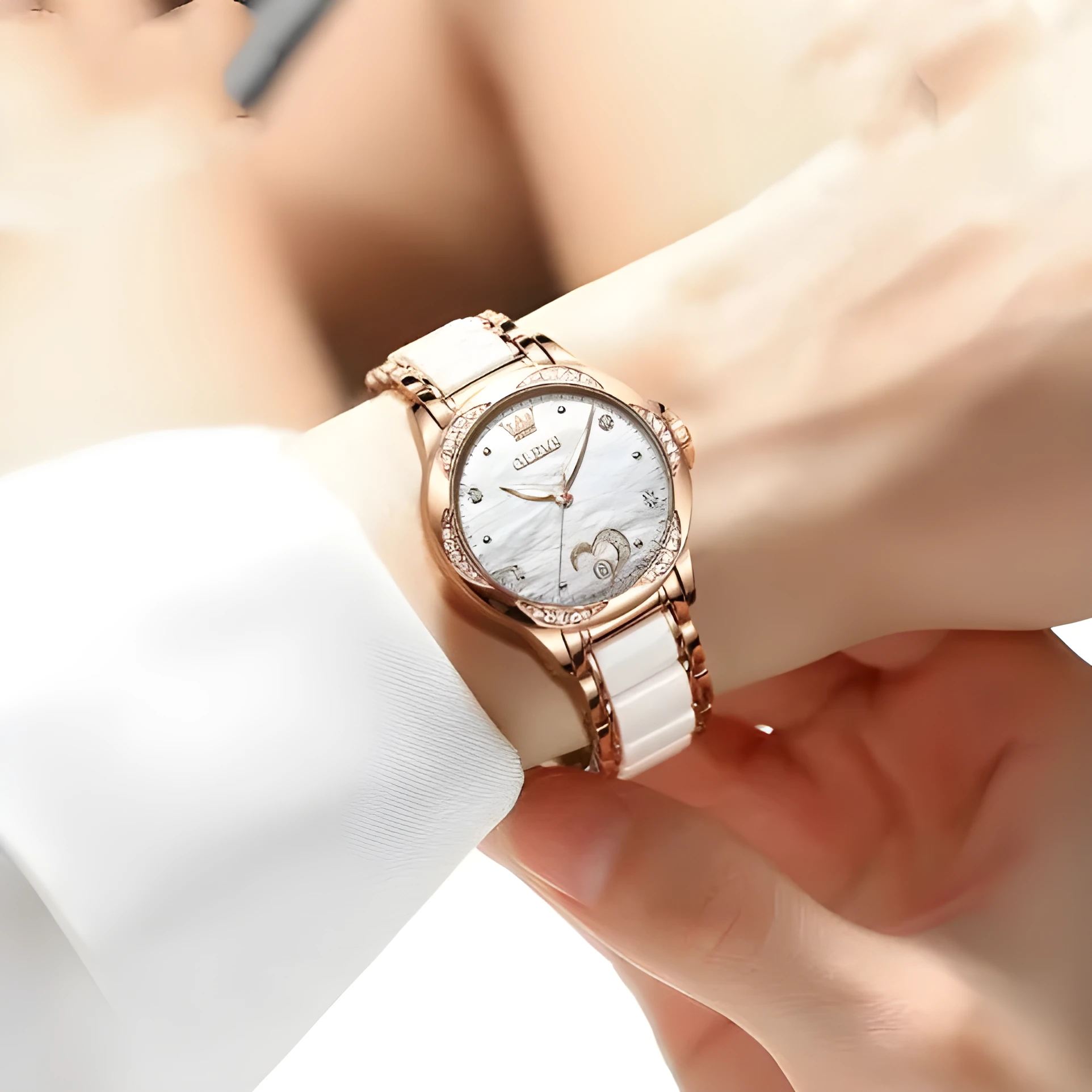 Olevs ladies luminous ceramic watch with rose shell dial, 12mm thickness