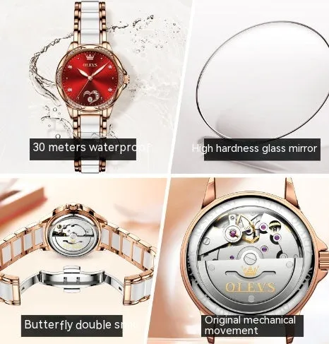Olevs ladies luminous ceramic watch with rose shell dial, 12mm thickness