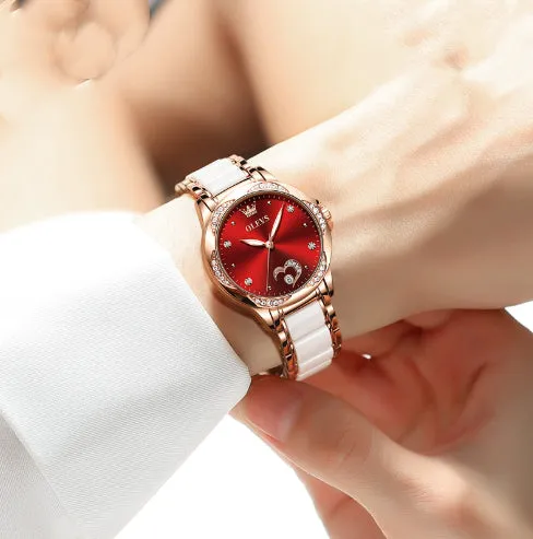 Olevs ladies luminous ceramic watch with rose shell dial, 12mm thickness